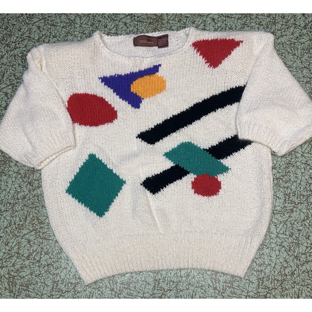 VTG 80s 90s White Geometric Womens Sweater L Artsy Short Sleeve Soft